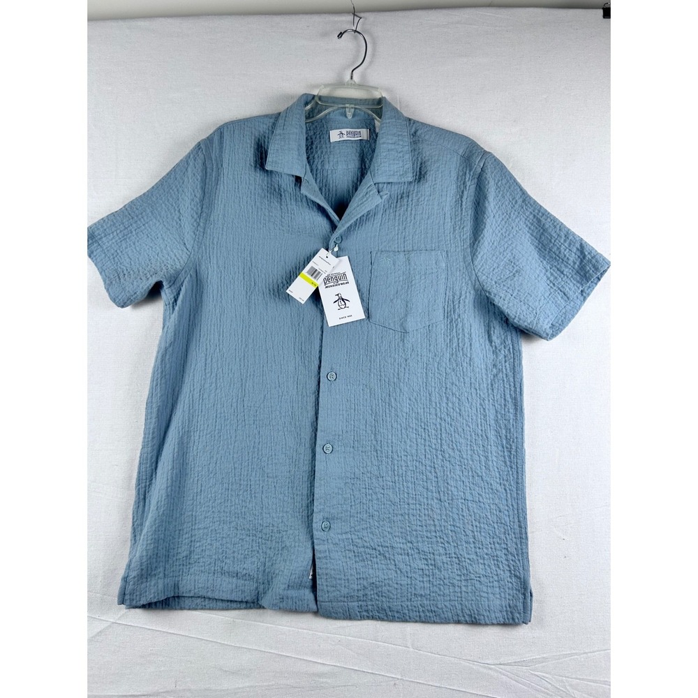 Original Penguin Mens Tourmaline Blue Crinkle Seersucker Camp Shirt OCWS2417 M